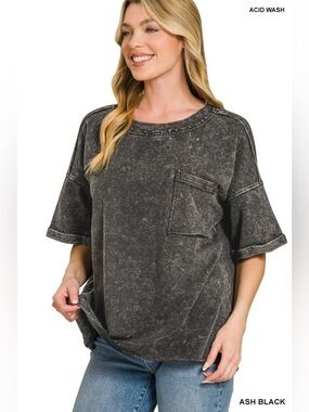Zenana Acid Wash Ash Black Women's Relaxed Pocket Tee
